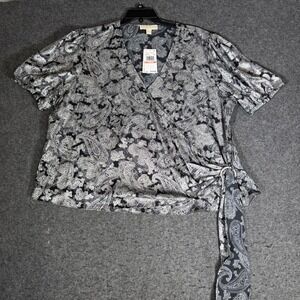 Michael Kors Womens 2X Paisley Metallic Wrap Top Silver Black‎ Short Sleeve NEW